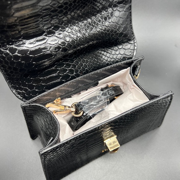 ALDO Black Croc Embossed Mini Top Handle Bag Gold Hardware Charm Chain Y2K - Picture 4 of 7